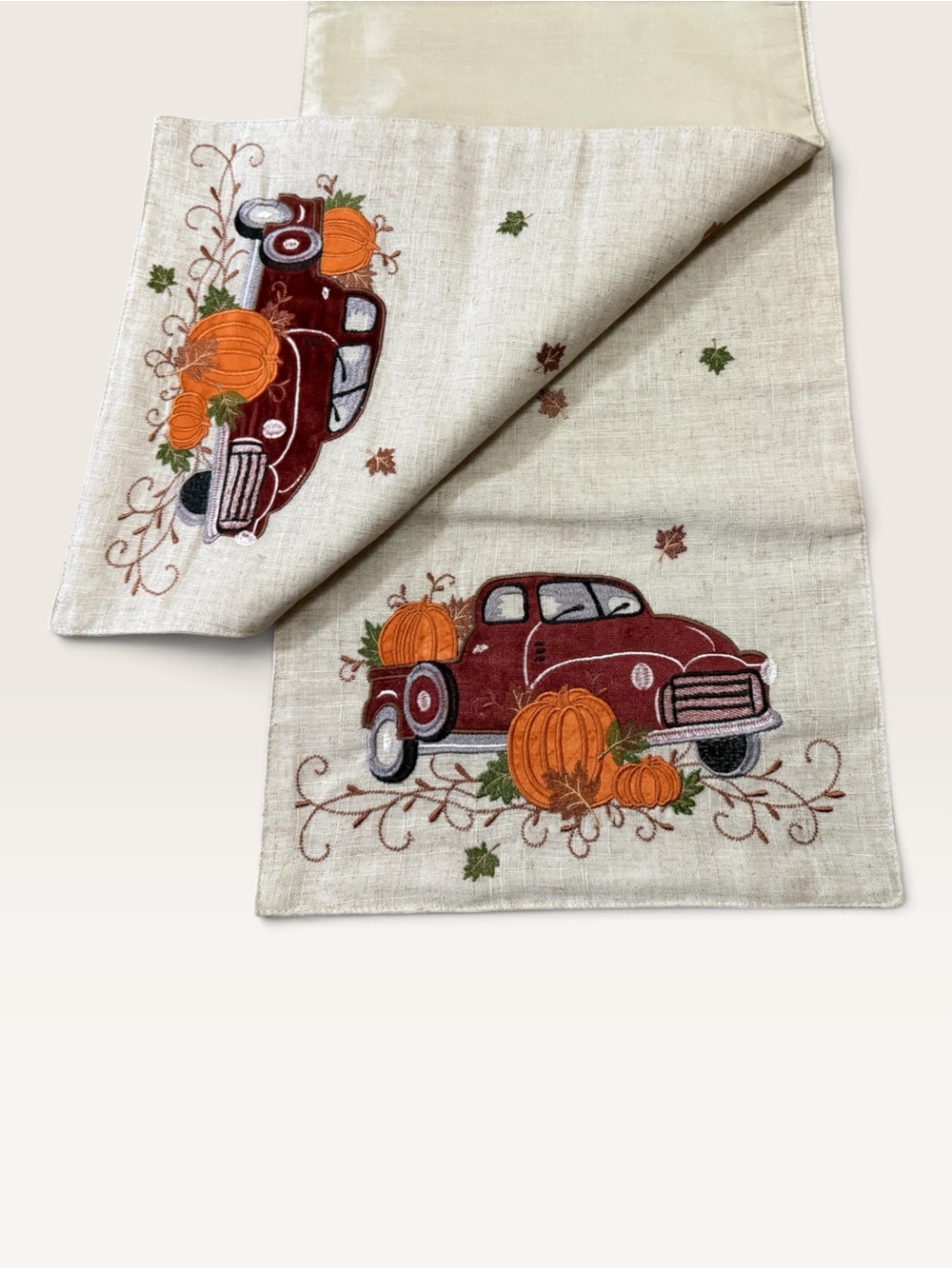 Embroidered Fall Harvest Linen Table Runner Vintage Red Truck & Pumpkins